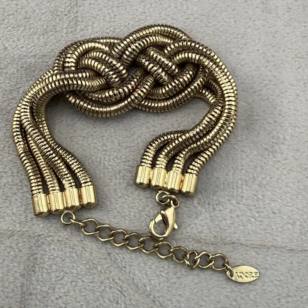 Gold Tone Love Knot Bracelet Signed Adore Mesh Chain 7.5" - Picture 5 of 6